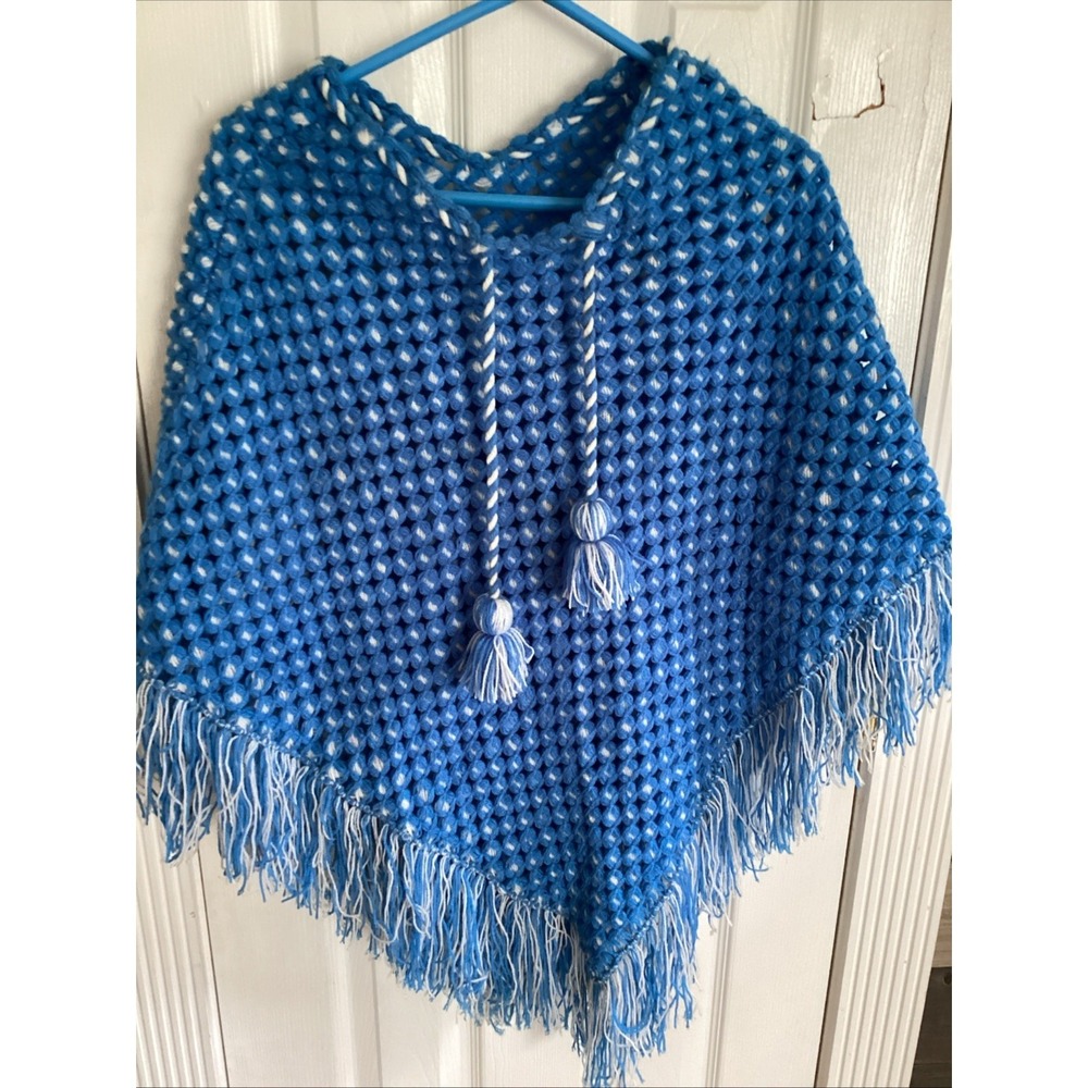 Vtg Handmade Crochet Poncho Blue With Fringes And Pull Strings One Size